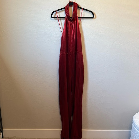 NWT Carolina Ritzler Satin Ruby Red Halter Jumpsuit Size 36 - Picture 1 of 13